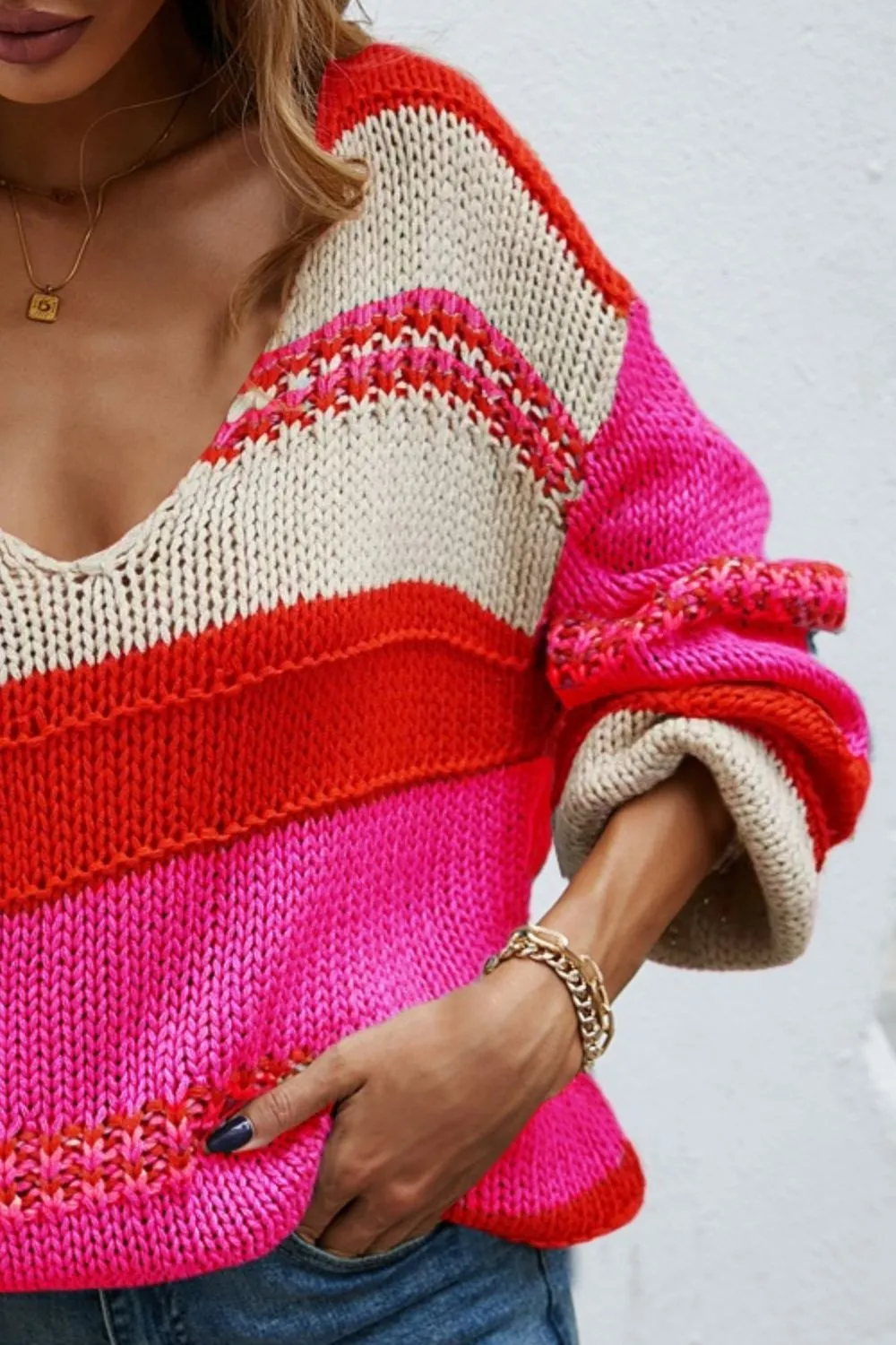 Color Block V-Neck Dropped Shoulder Sweater, image 12
