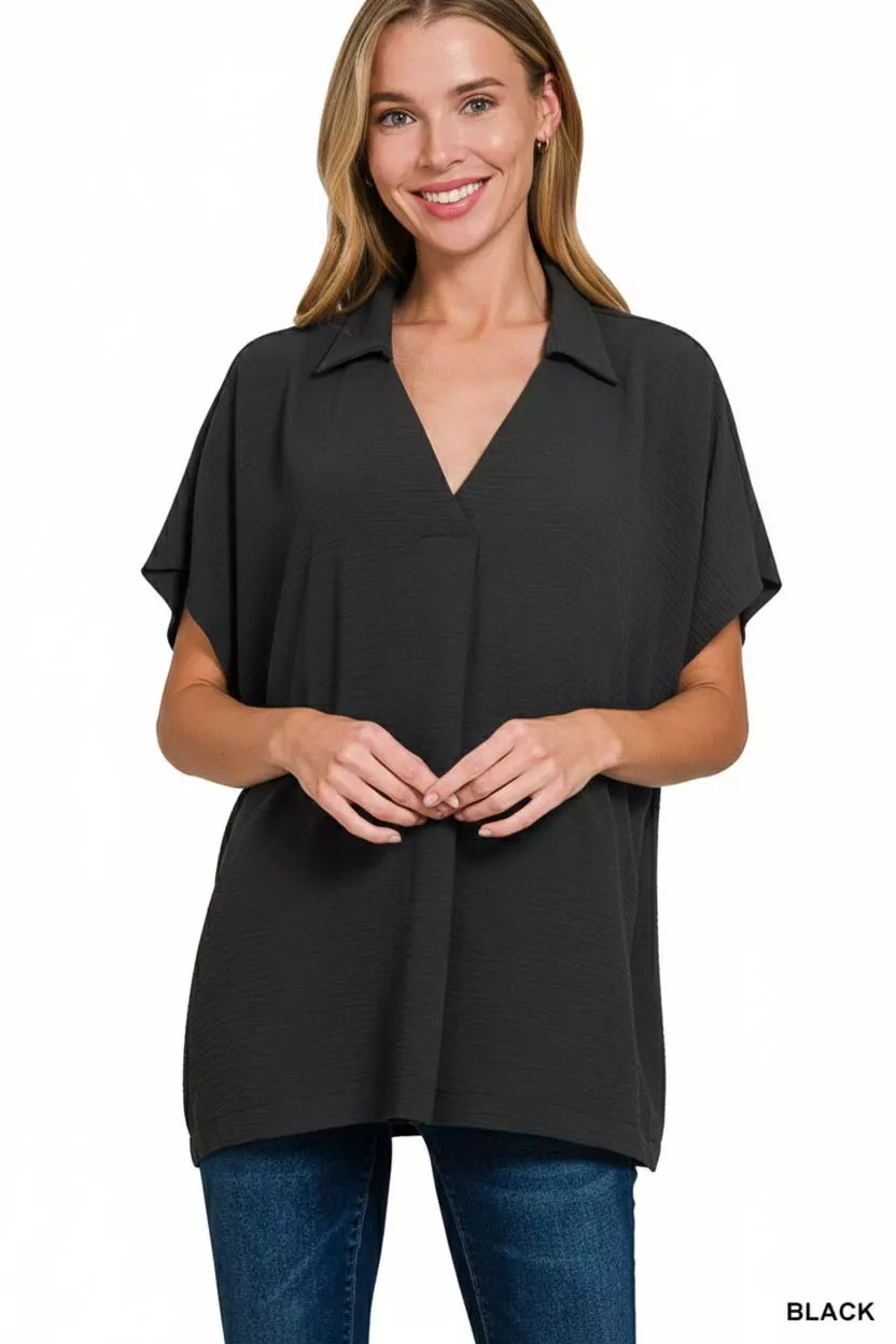 Woven Airflow Collared Short Sleeve Top, image 2