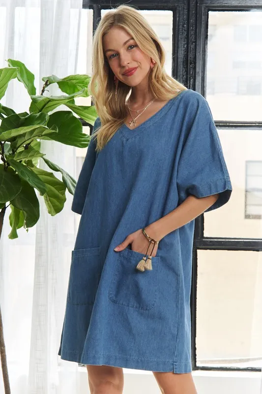 V-Neck Half Sleeve Mini Denim Dress, image 3