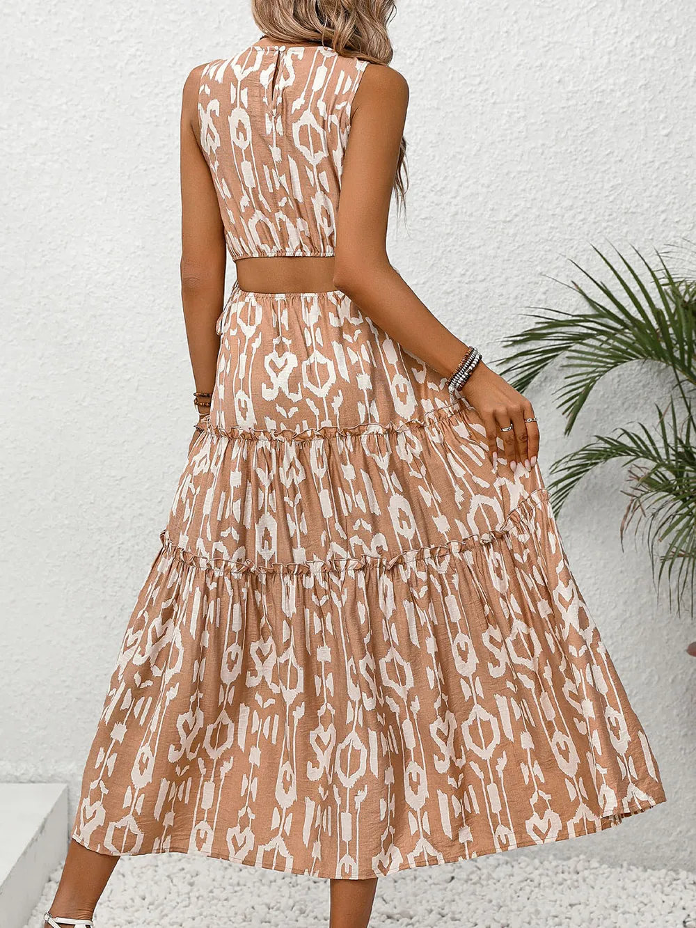 Frill Cutout Printed Round Neck Sleeveless Dress, image 3