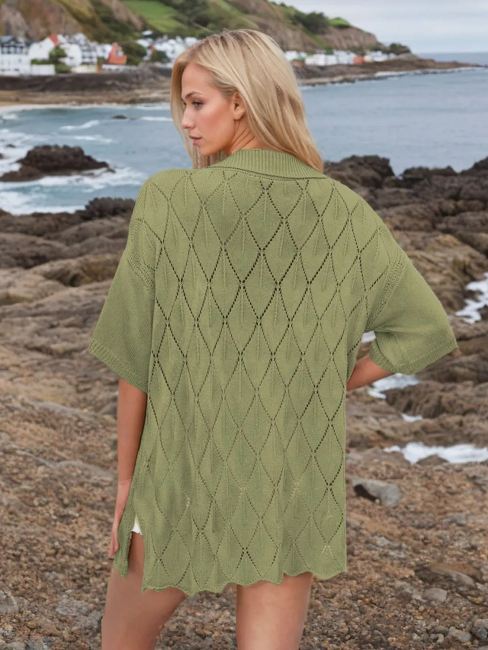 Button Down Eyelet Collared Neck Knit Shirt, image 14