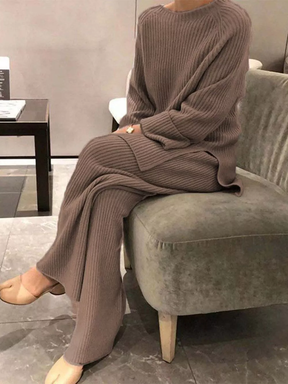 Full Size Ribbed Knit Relaxed Fit Top and Pants Sweater Set Plus Size, image 16