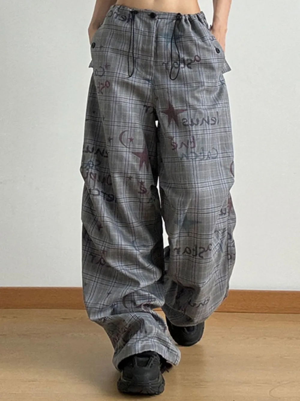 Drawstring Plaid Wide Leg Pants, image 3