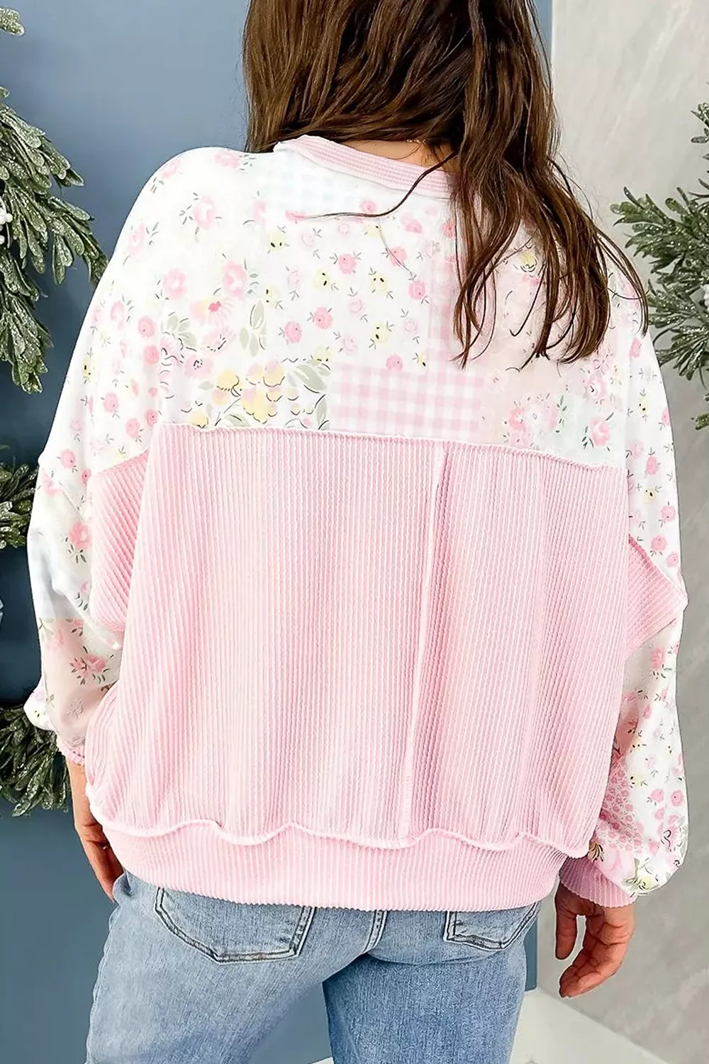 Twisted Ribbed Trim Floral Print Patchwork Long Sleeve Top, image 2
