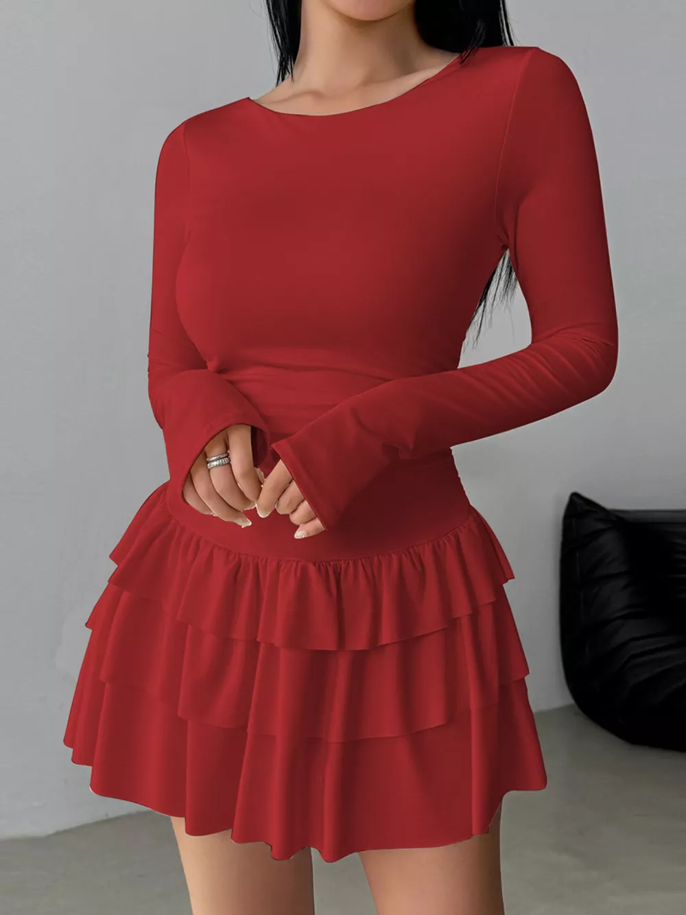 Ruffle Hem Long Sleeve Mini Dress, image 6