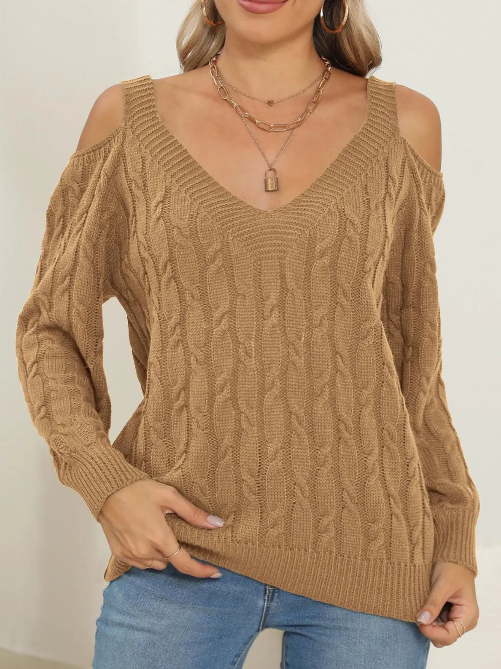 Cable-Knit V-Neck Long Sleeve Sweater, image 6