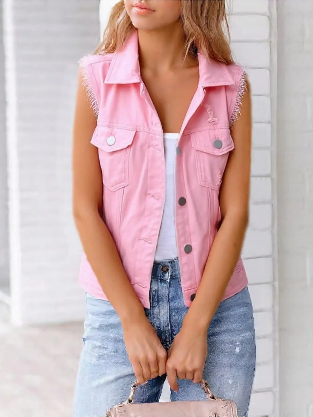 Full Size Button Down Raw Hem Sleeveless Denim Jacket Plus Size, image 10