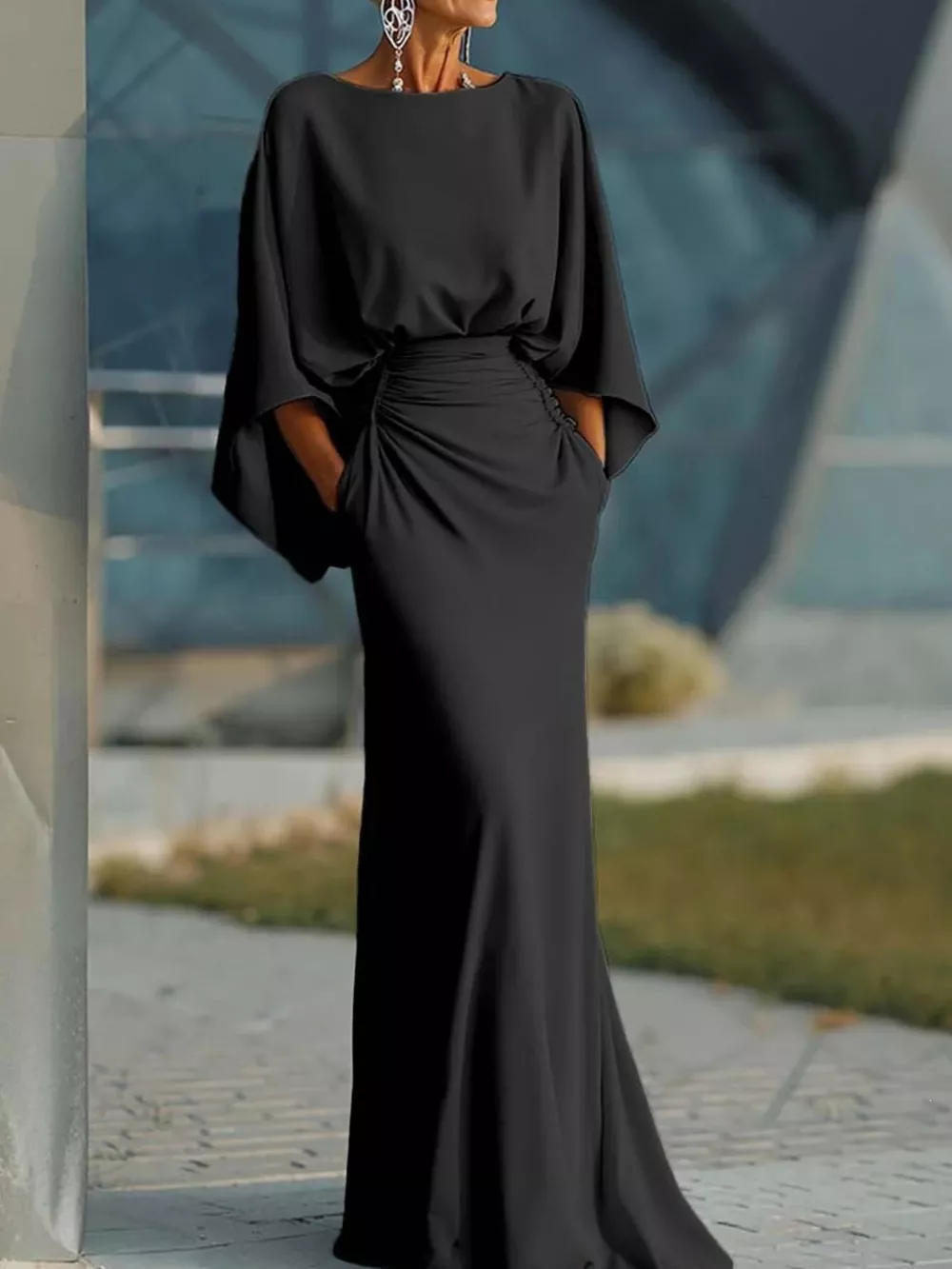 Batwing Sleeve Ruched Maxi Dress