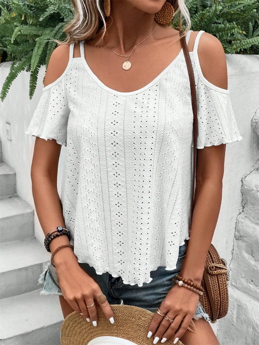 Eyelet Cold Shoulder Short Sleeve Blouse, image 5