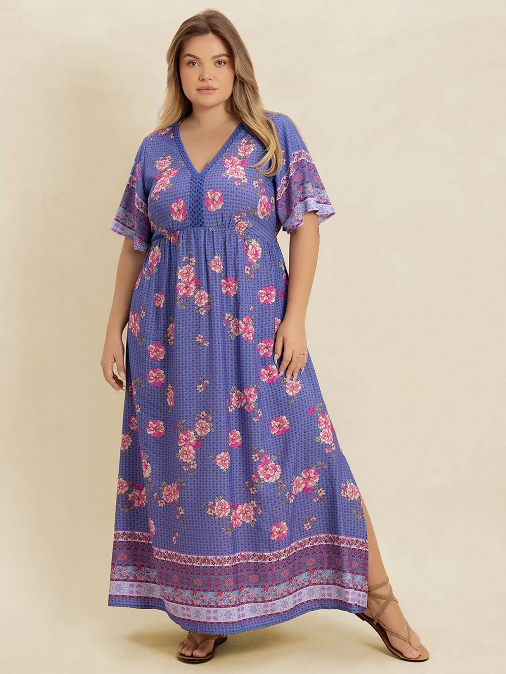Plus Size Printed V-Neck Flutter Sleeve Dress