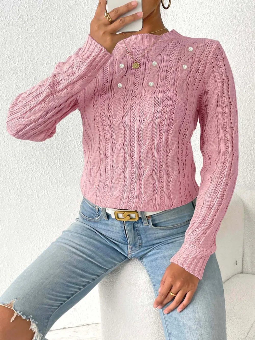 Cable-Knit Round Neck Long Sleeve Sweater, image 5