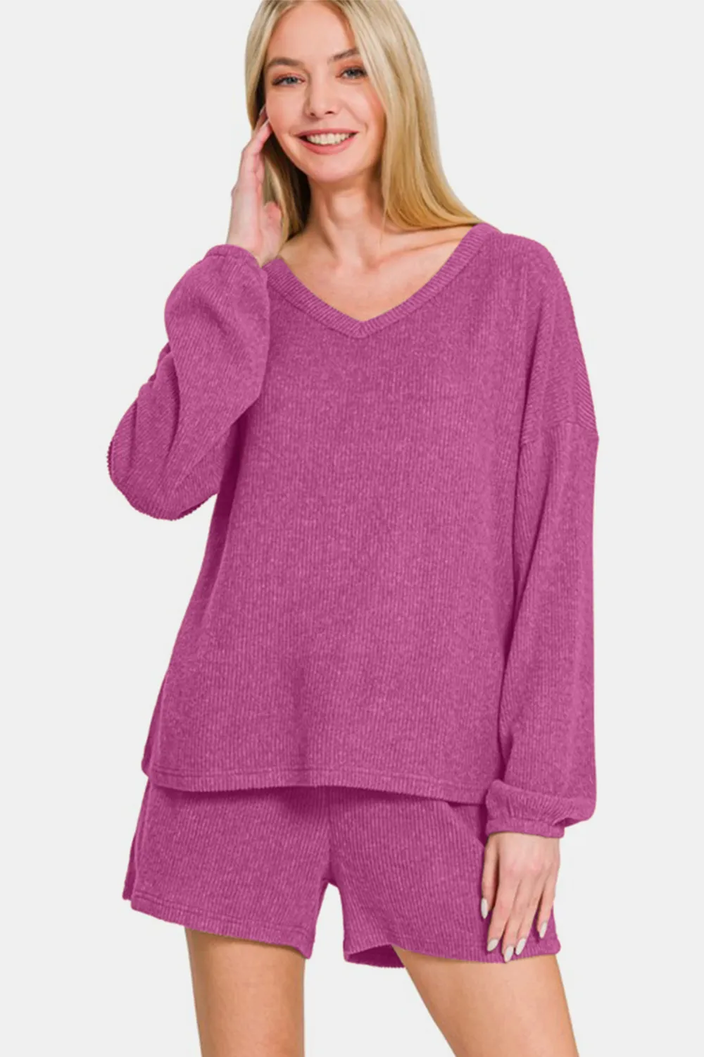 V-Neck Long Sleeve Ribbed Top and Shorts Set, image 2