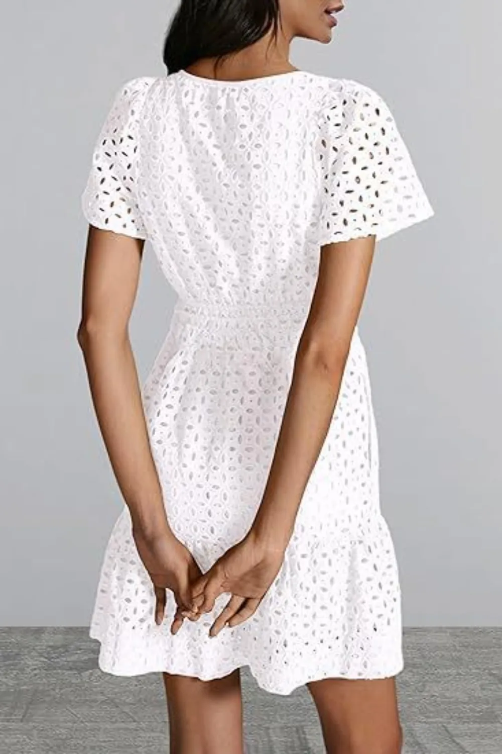 Eyelet Notched Short Sleeve Mini Dress, image 11