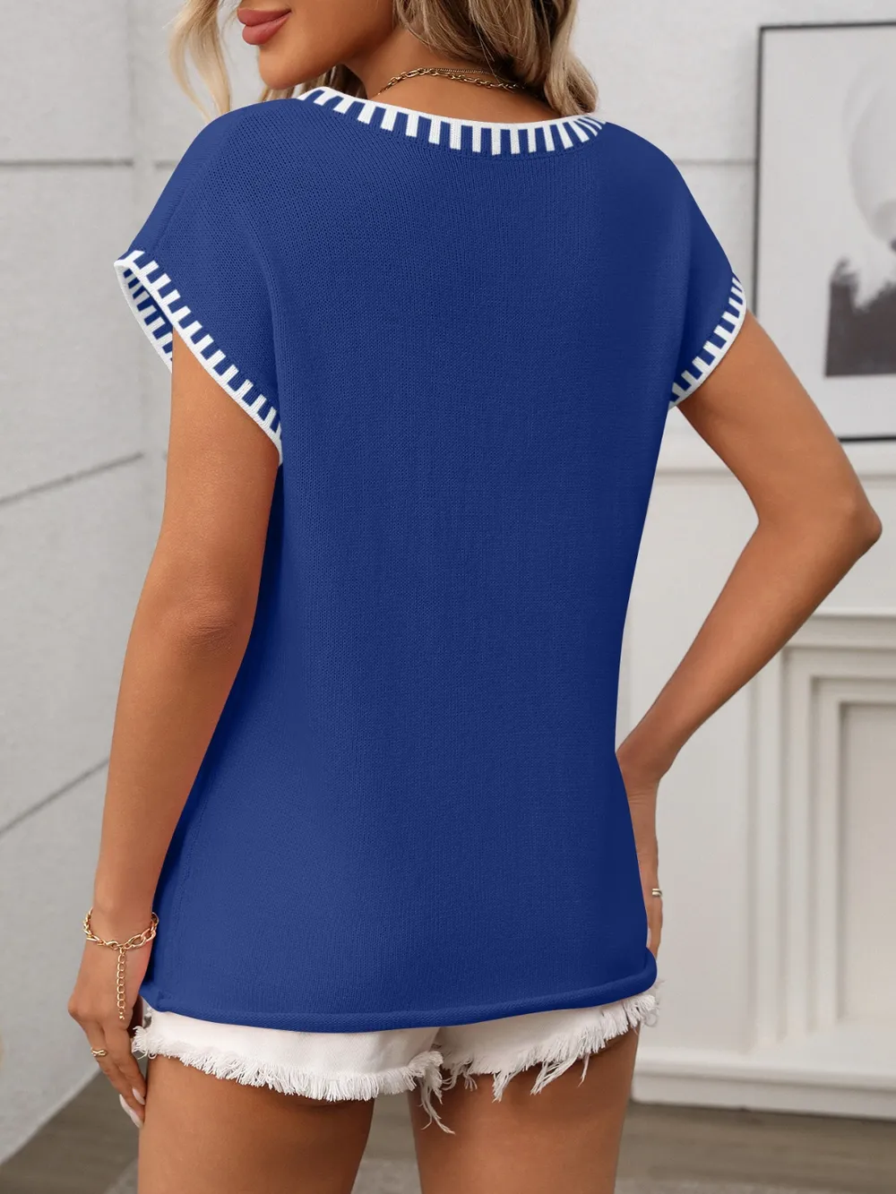 Contrast Trim V-Neck Short Sleeve Knit Top, image 16