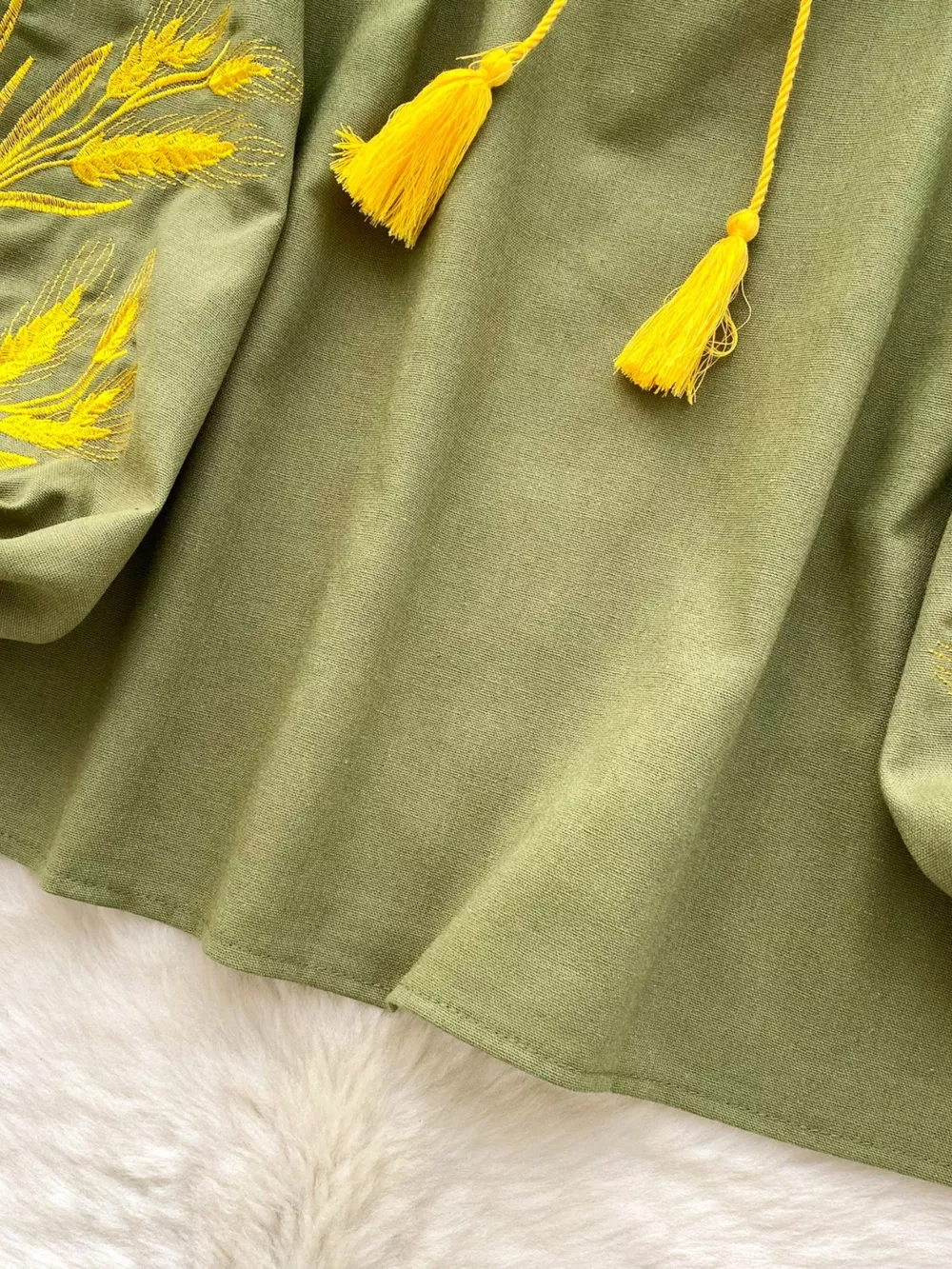 Embroidered Wheat Pattern Tie Neck Blouse, image 16