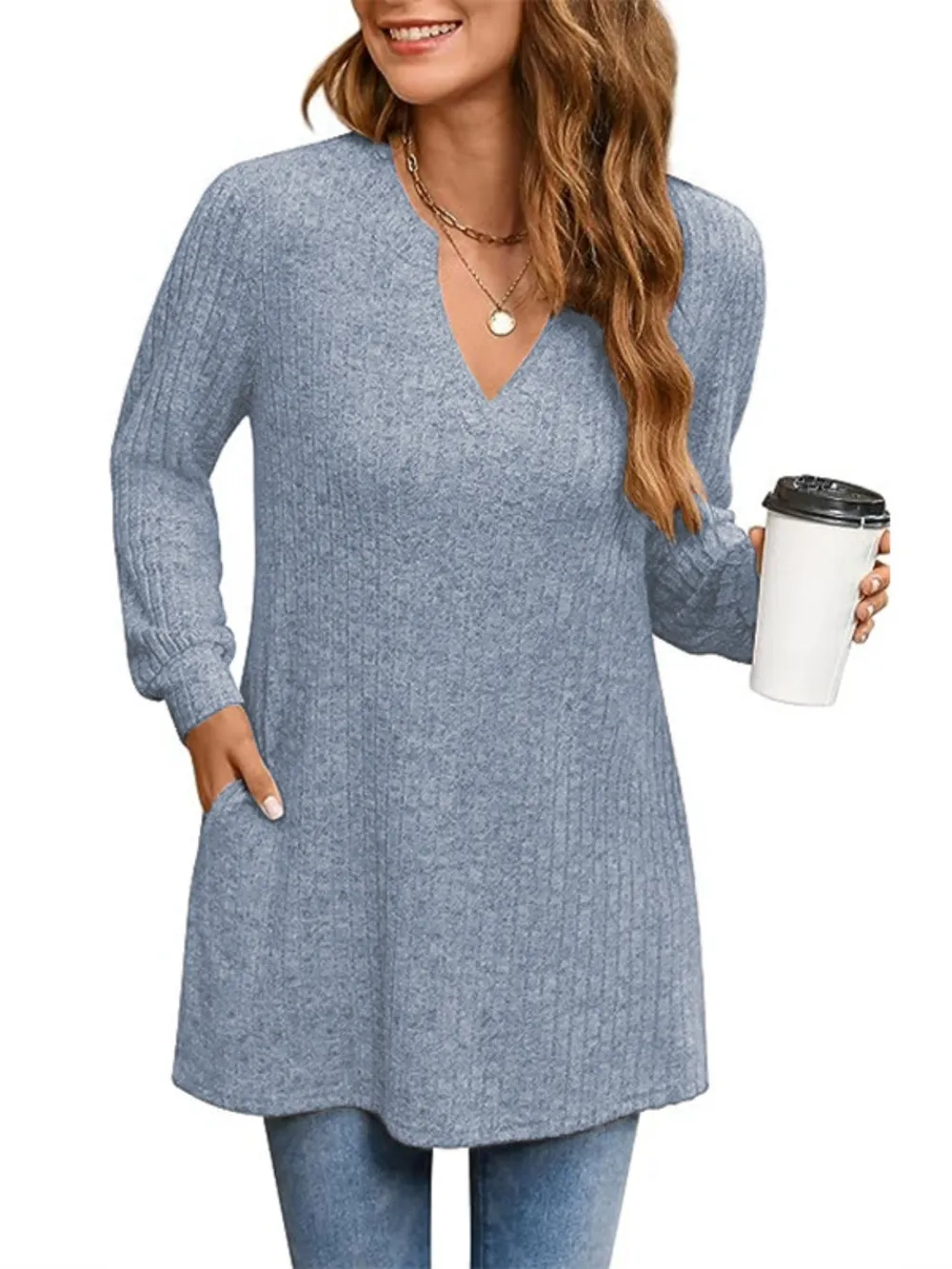 Ribbed Notched Long Sleeve T-Shirt, image 3