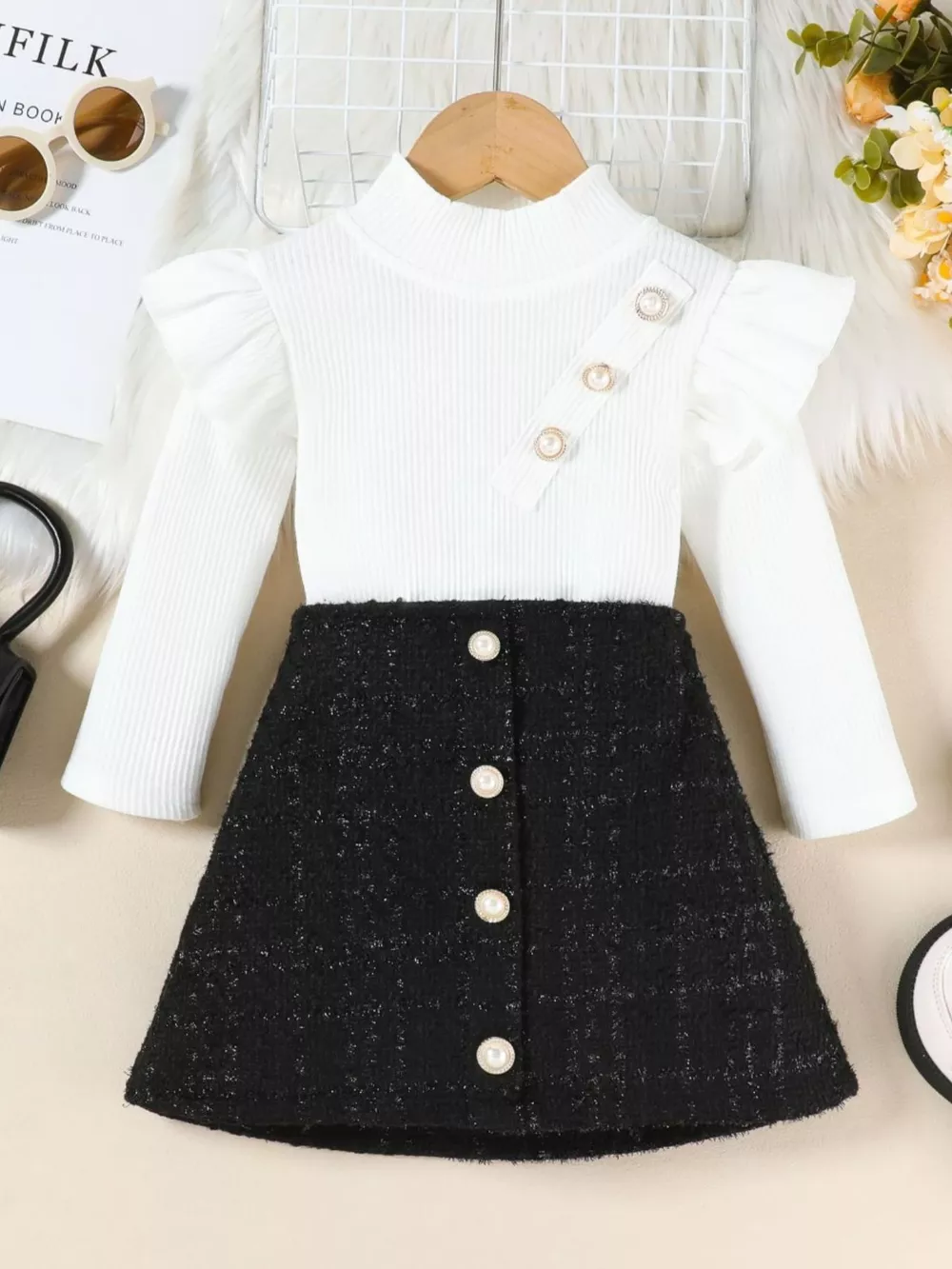 Children's Ruffle Sleeve Top & Tweed Skirt Set