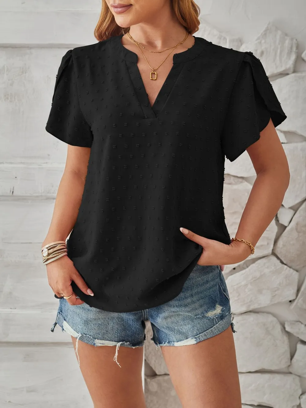 Swiss Dot Notched Petal Sleeve T-Shirt, image 4
