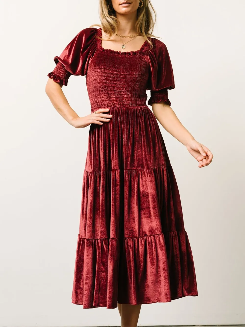 Smocked Half Sleeve Tiered Midi Dress, image 9