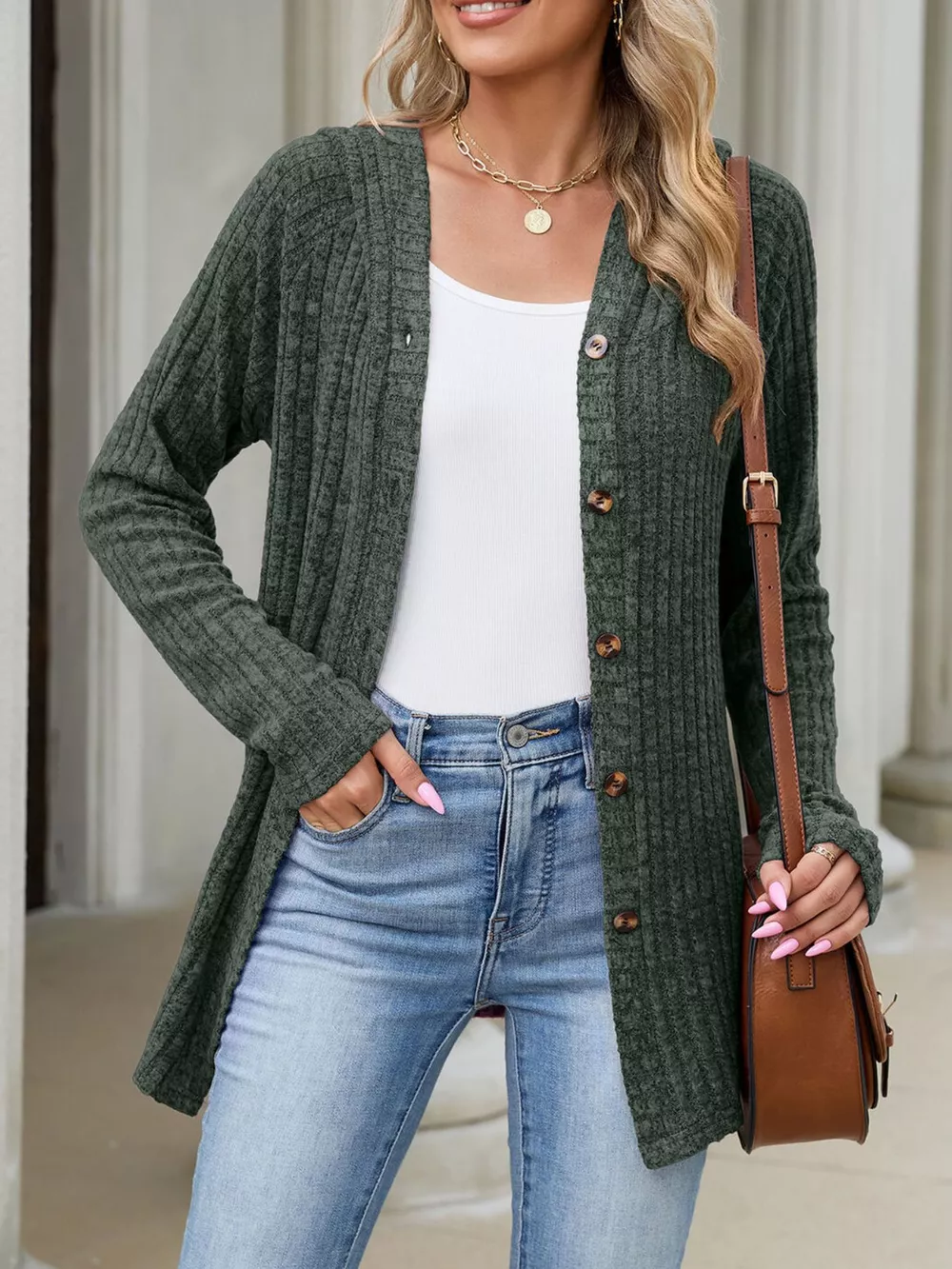 Ribbed Knit Hooded Button-Down Cardigan, image 19