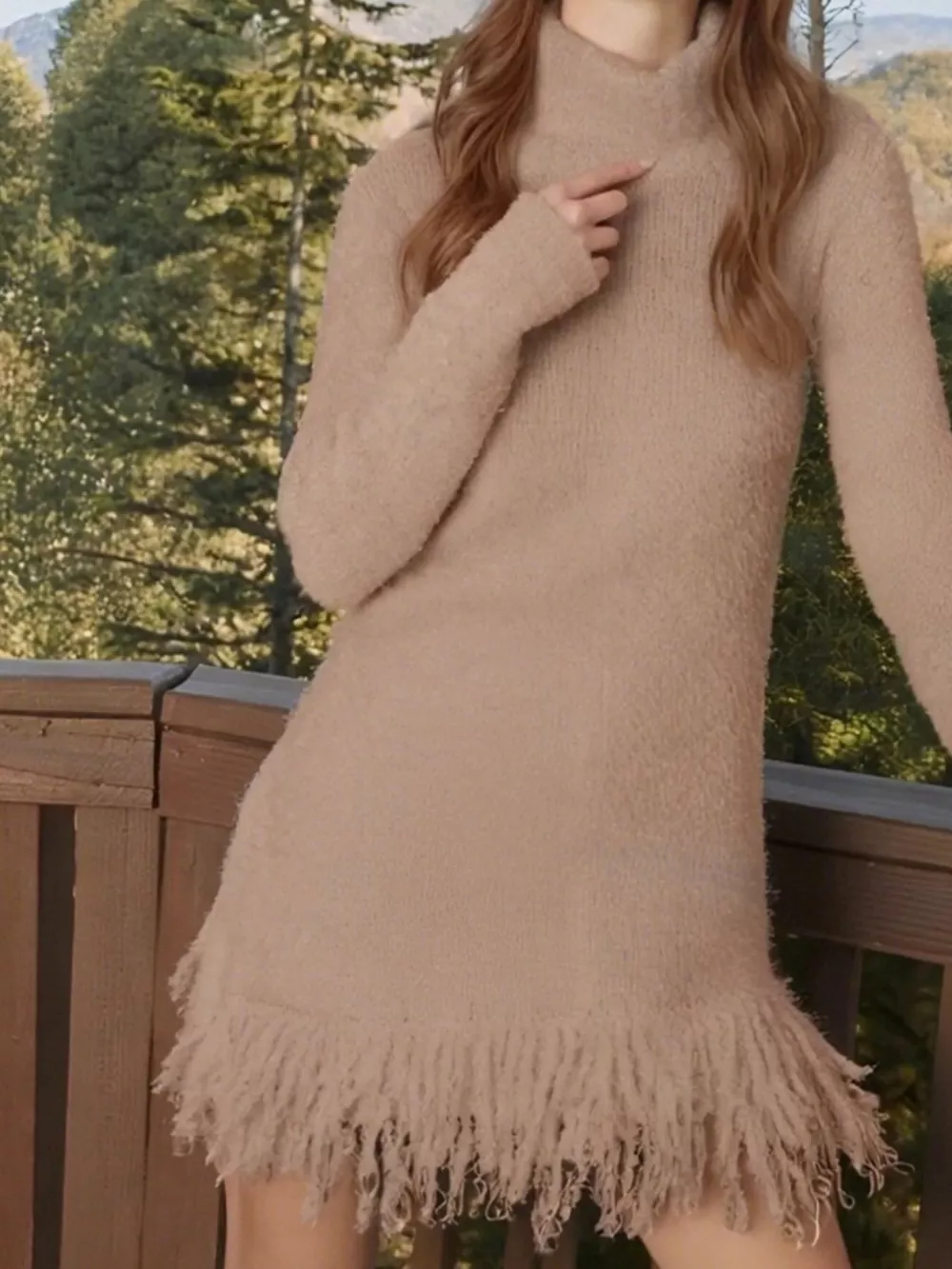 Fringe Turtleneck Long Sleeve Sweater Dress, image 6