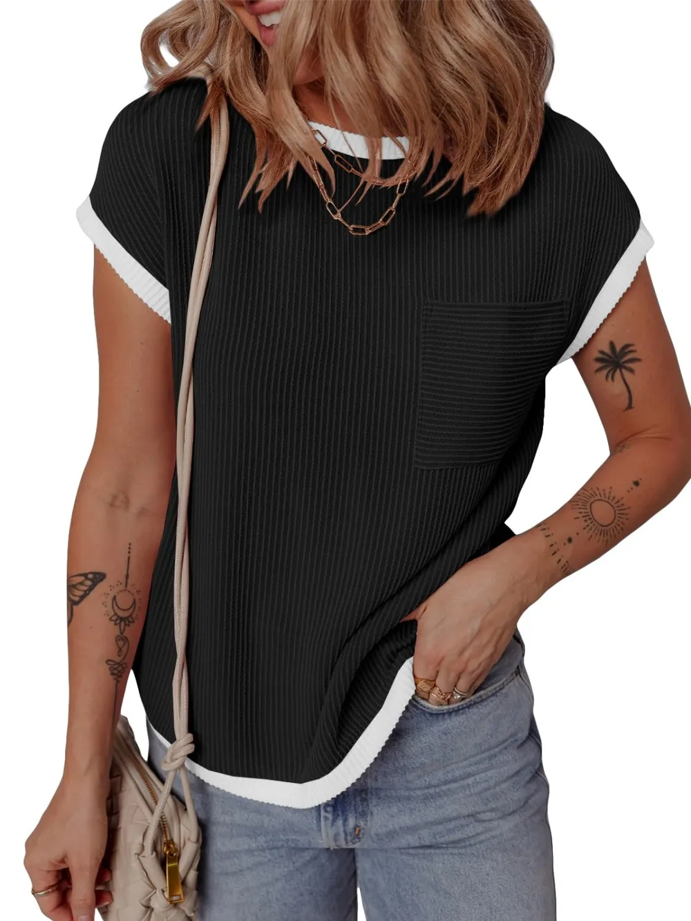 Contrast Trim Round Neck Short Sleeve T-Shirt, image 32