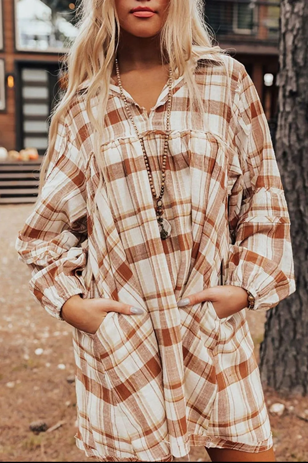 Plaid Collared Neck Long Sleeve Mini Shirt Dress, image 4