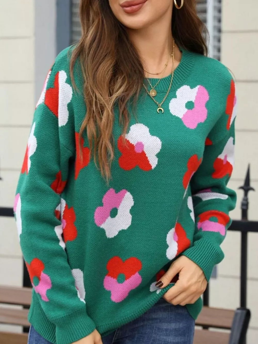 Floral Crew Neck Long Sleeve Sweater, image 7