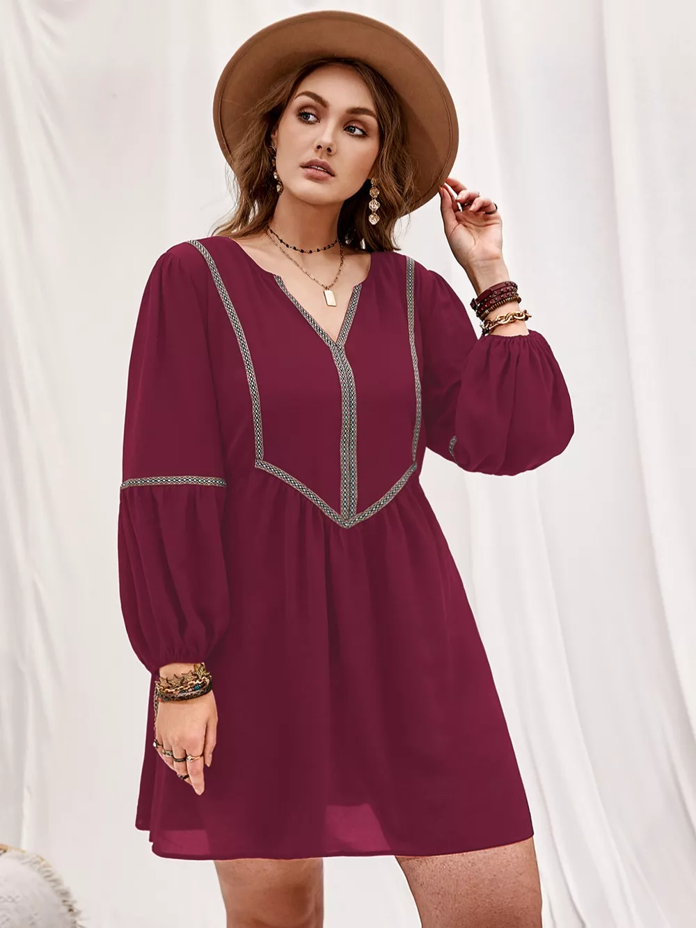 Plus Size Notched Balloon Sleeve Mini Dress, image 4