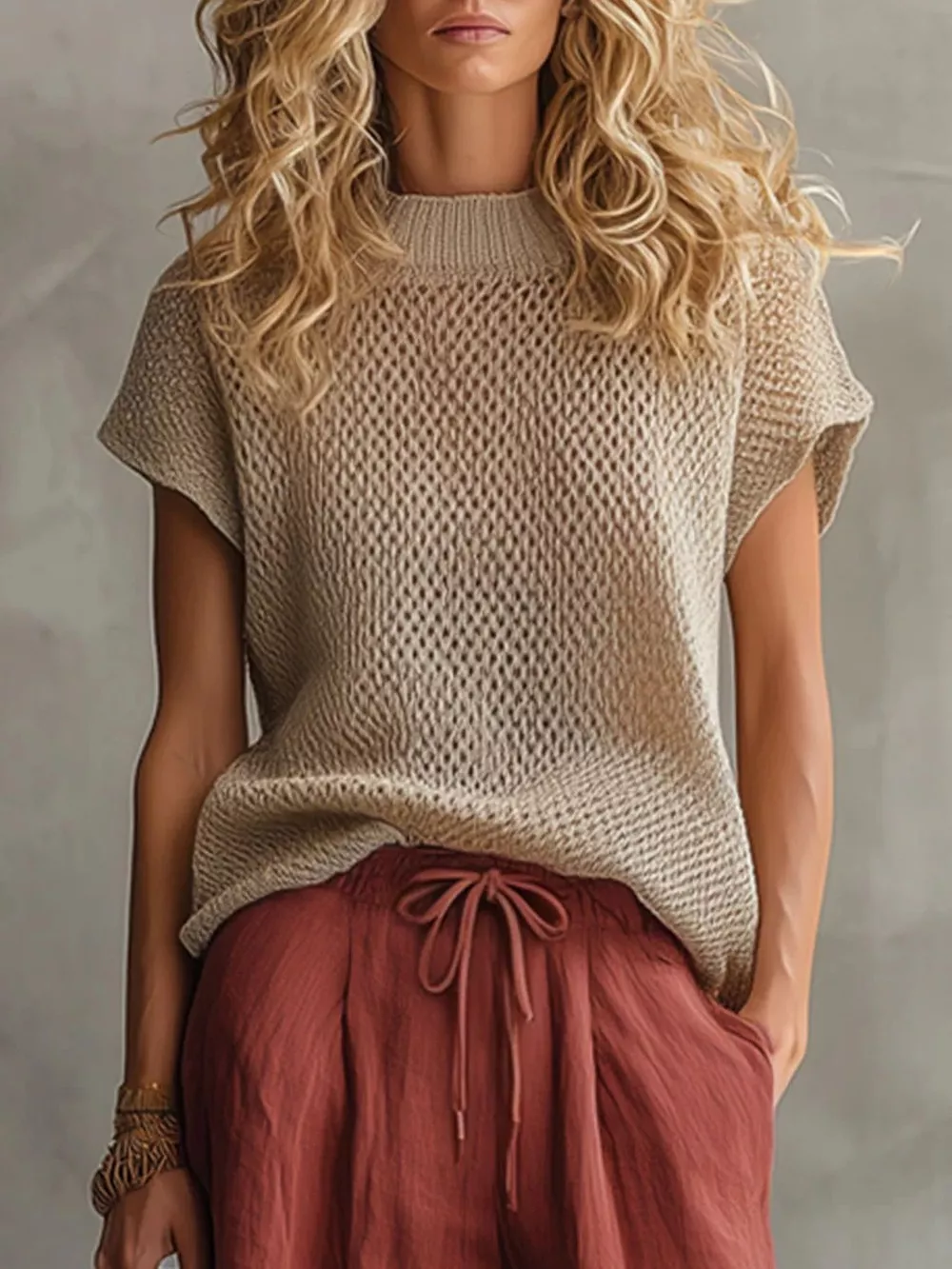 Openwork Knit Top and Wide-Leg Pant Set, image 2