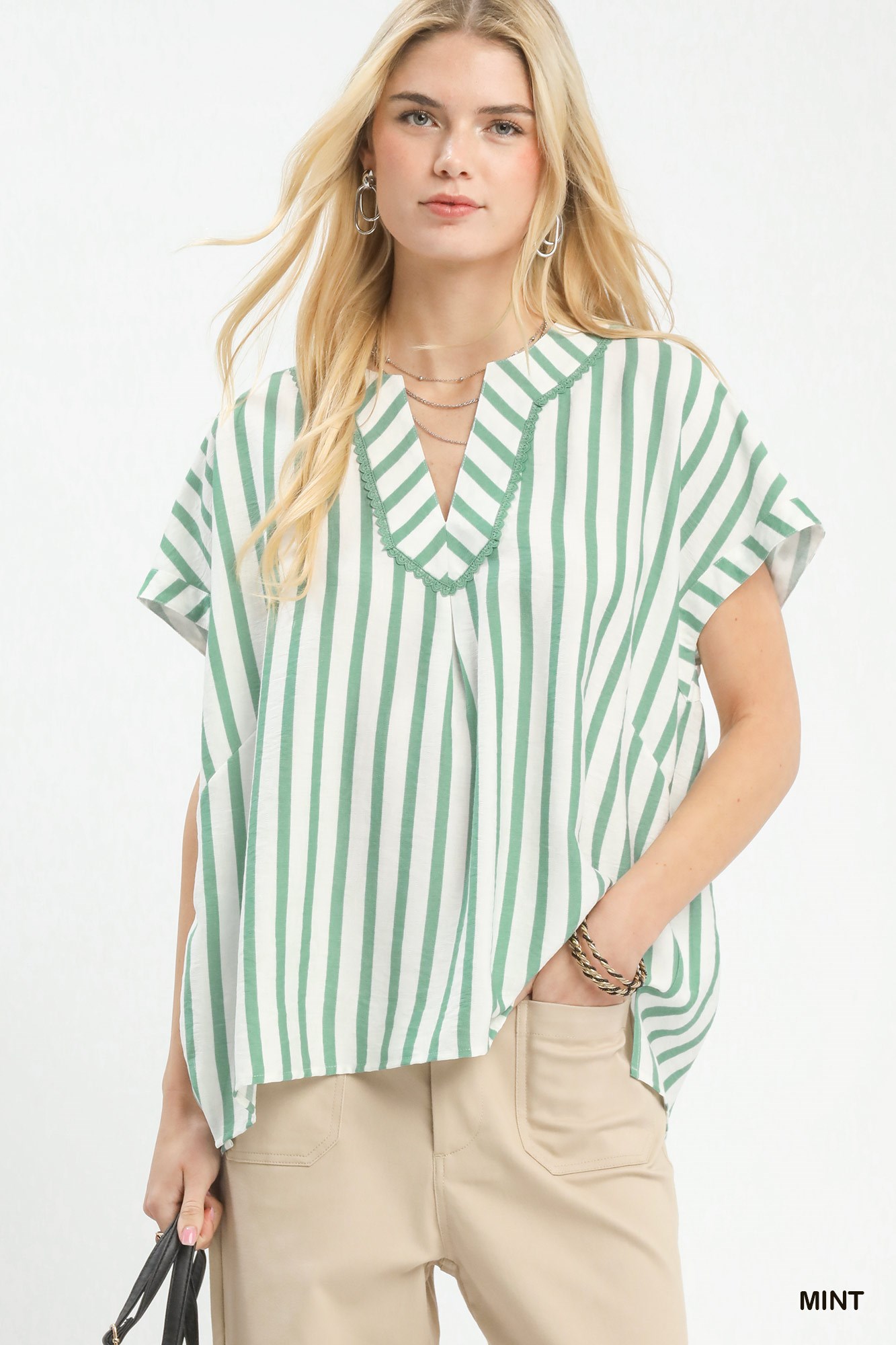 Mixed Stripe Split Neck Oversized Blouse
