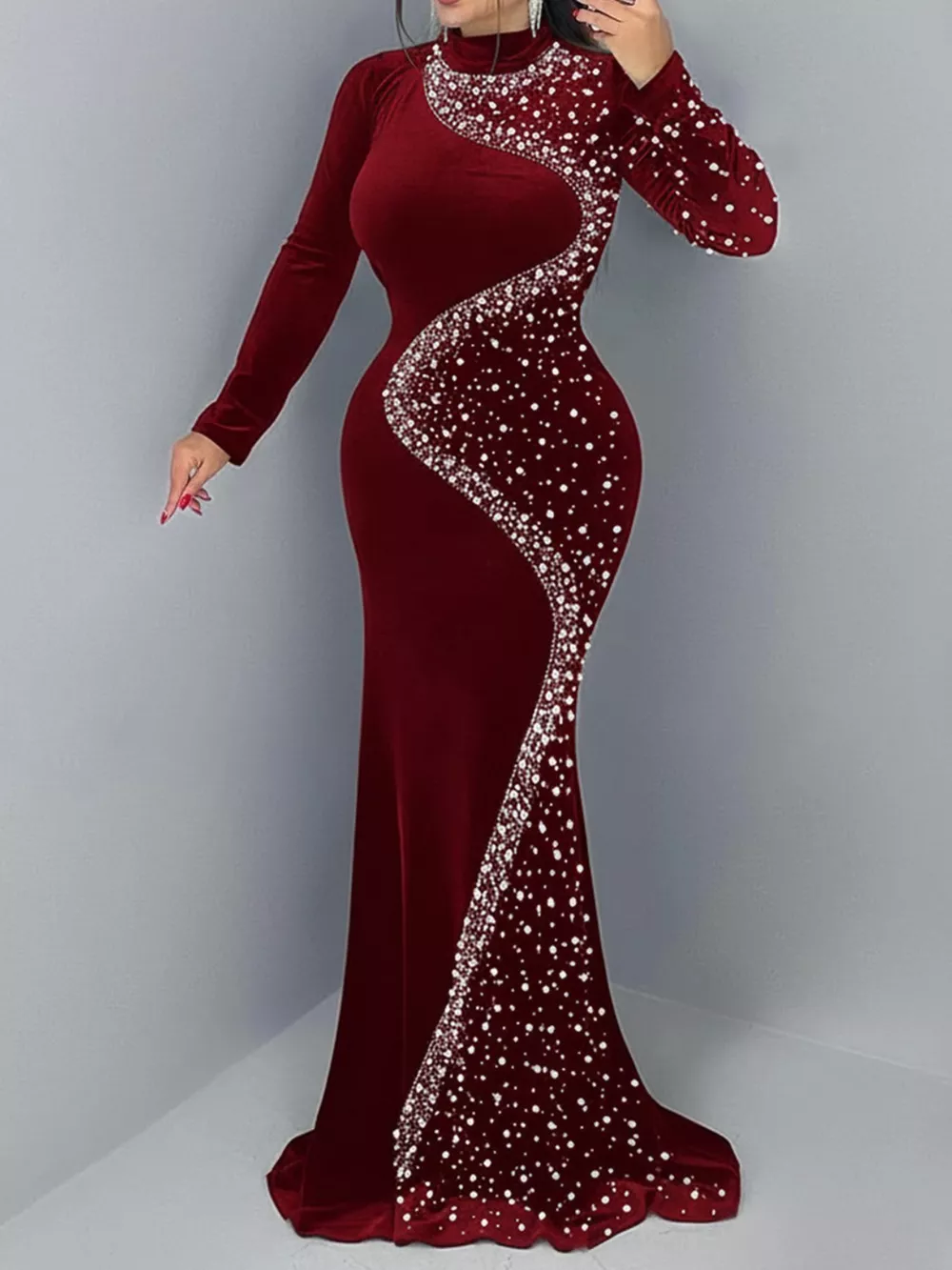 Rhinestone Embellished Velvet Mermaid Evening Maxi Dress, image 7