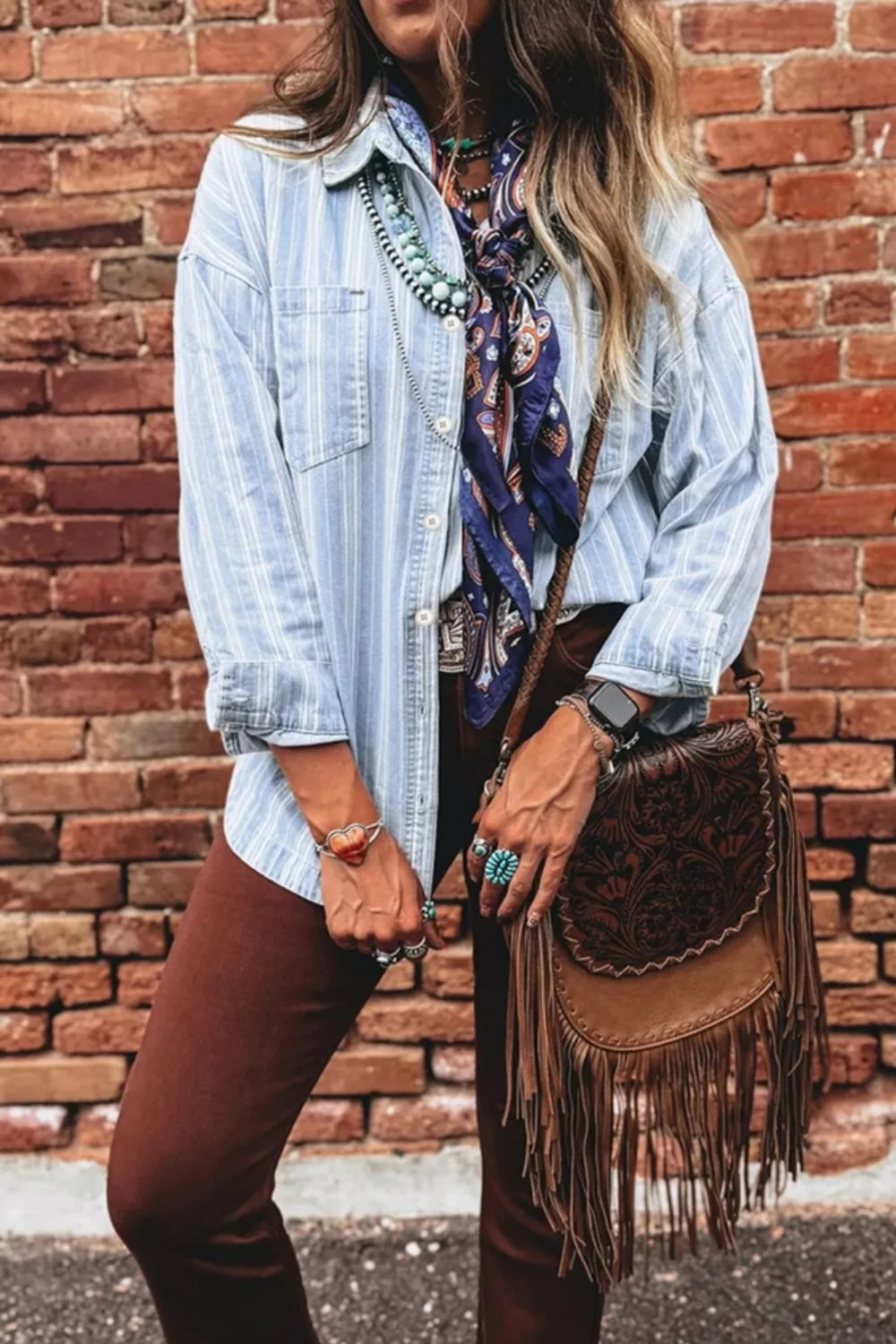 Stripe Boyfriend Chest Pocket Classic Denim Shacket, image 3