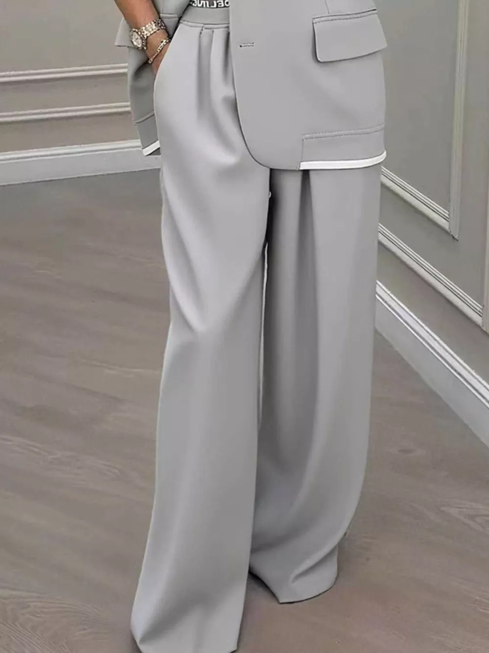 Full Size One Button Blazer and Wide-Leg Pants Set Plus Size, image 2