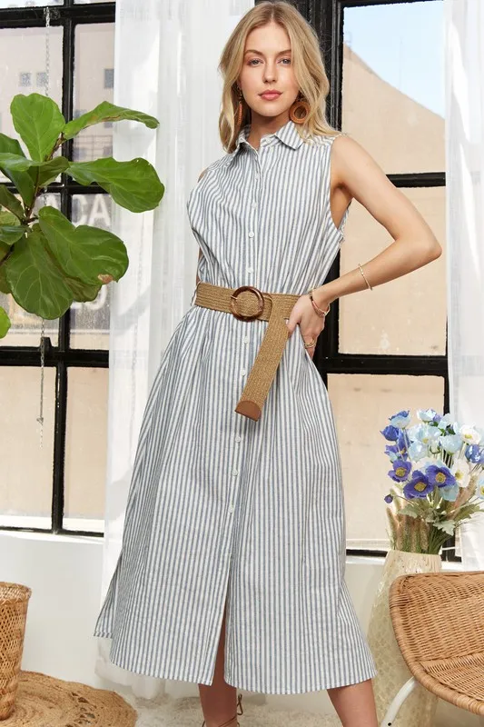 Striped Button Down Sleeveless Midi Dress