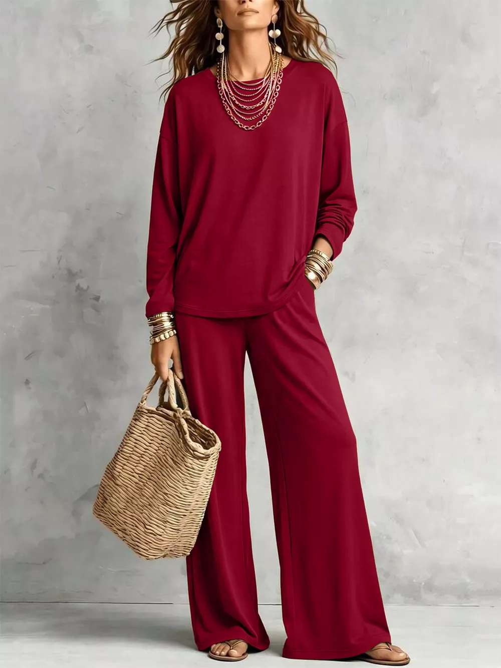 Round Neck T-Shirt and Wide-Leg Pants Set, image 8