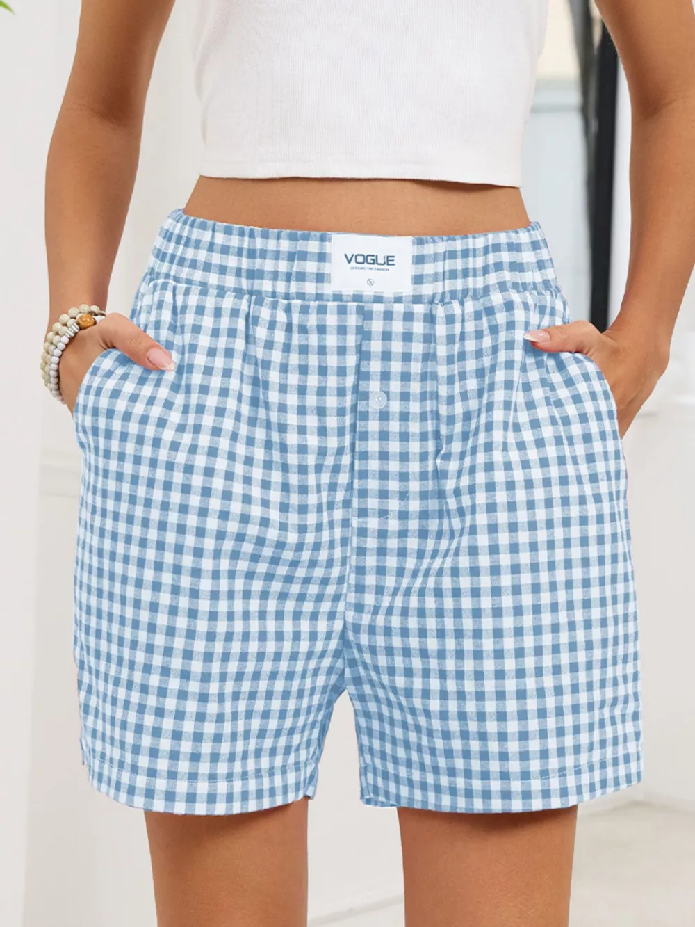 Gingham Elastic Waist Casual Shorts, image 14
