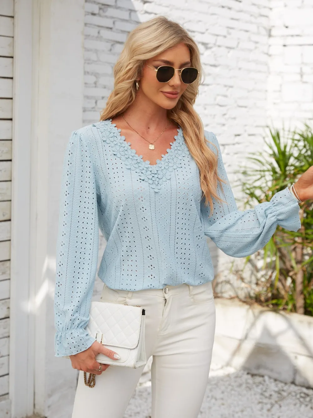 Applique V-Neck Flounce Sleeve T-Shirt, image 6