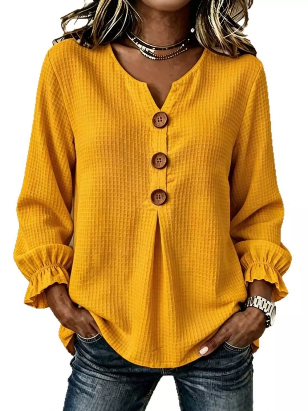 Full Size Waffle Knit Flounce Sleeve Blouse Plus Size, image 13