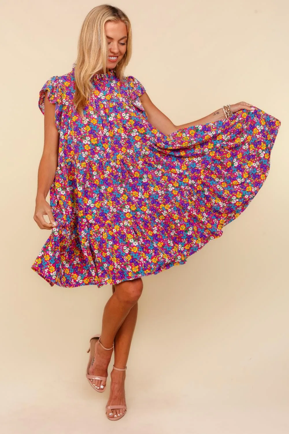 Frilled Mock Neck Ditsy Floral Dress, image 3
