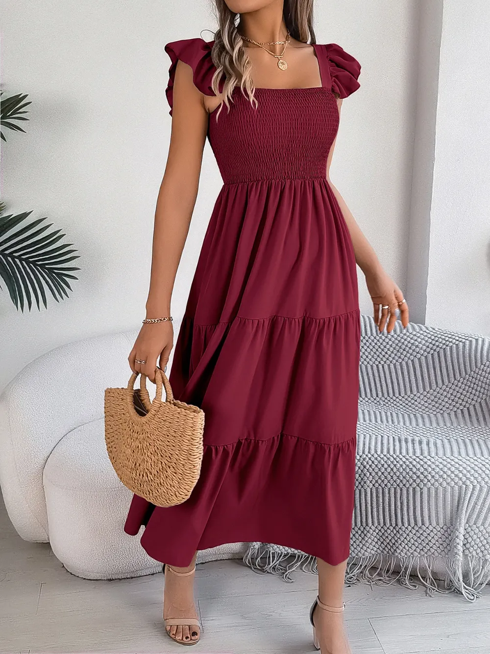 Smocked Square Neck Cap Sleeve Midi Dress, image 14