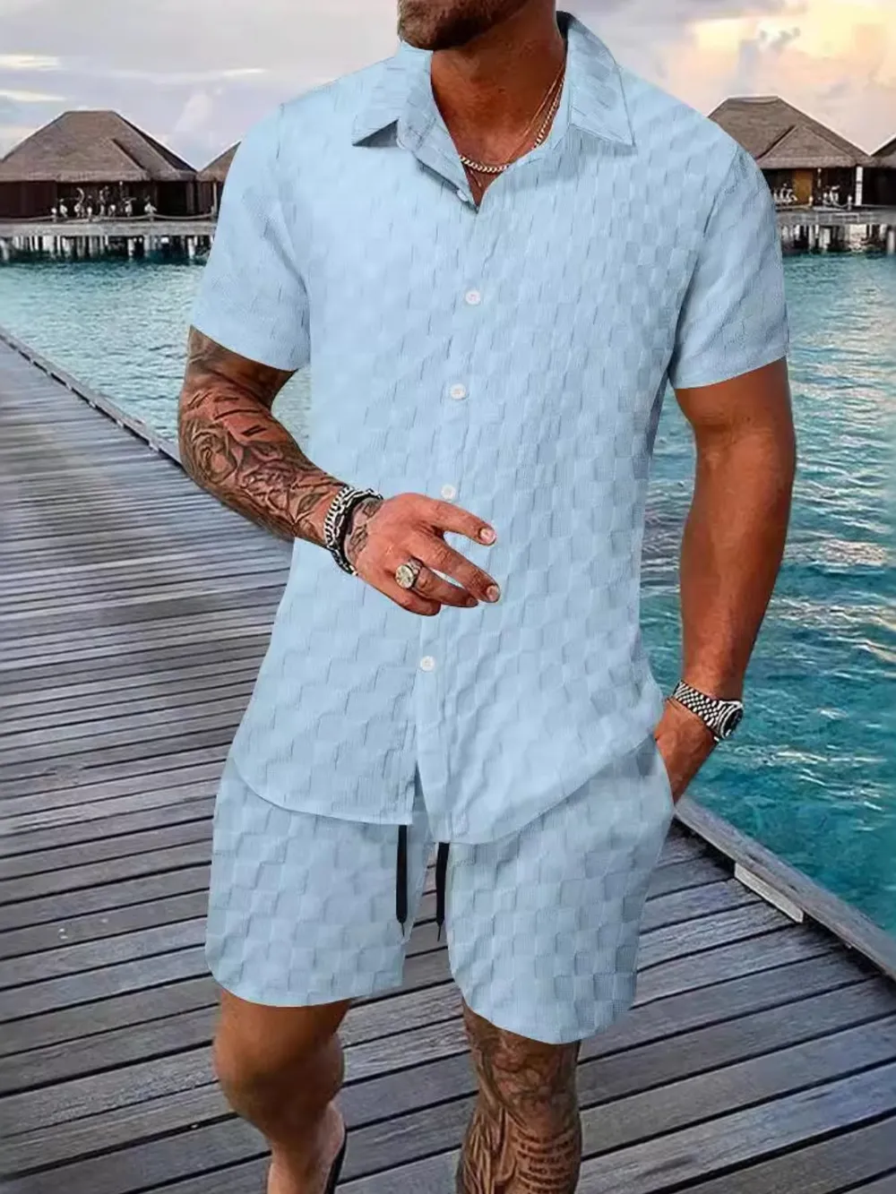 Men's Full Size Collared Neck Short Sleeve Top and Shorts Set Plus Size, image 3