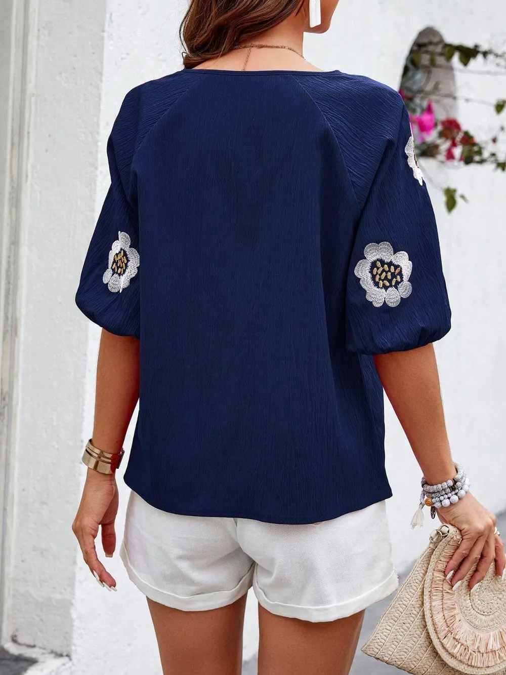 Embroidered Tie Neck Puff Sleeve Blouse, image 5