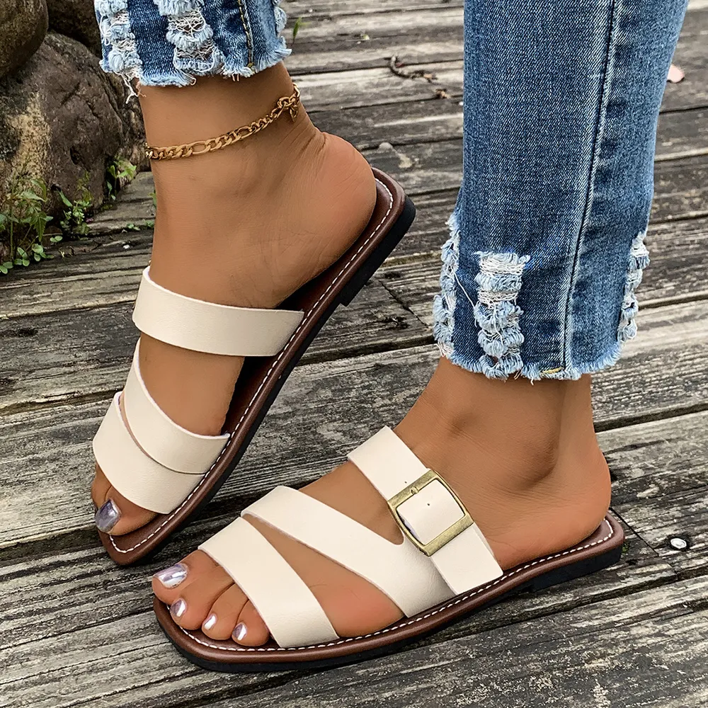 Open Toe Buckle Flat Sandals, image 8