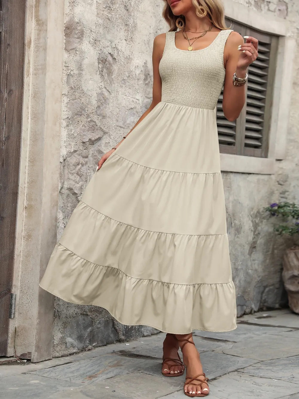 Smocked Scoop Neck Sleeveless Tank Dress, image 5