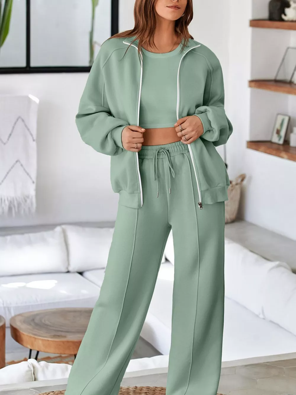 Drop Shoulder Zip Up Jacket and Drawstring Pants Active 2pcs Set, image 7