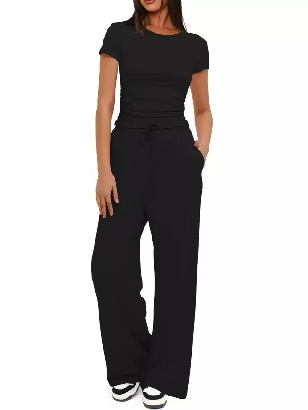 Round Neck Short Sleeve Top and Pants Set, image 6