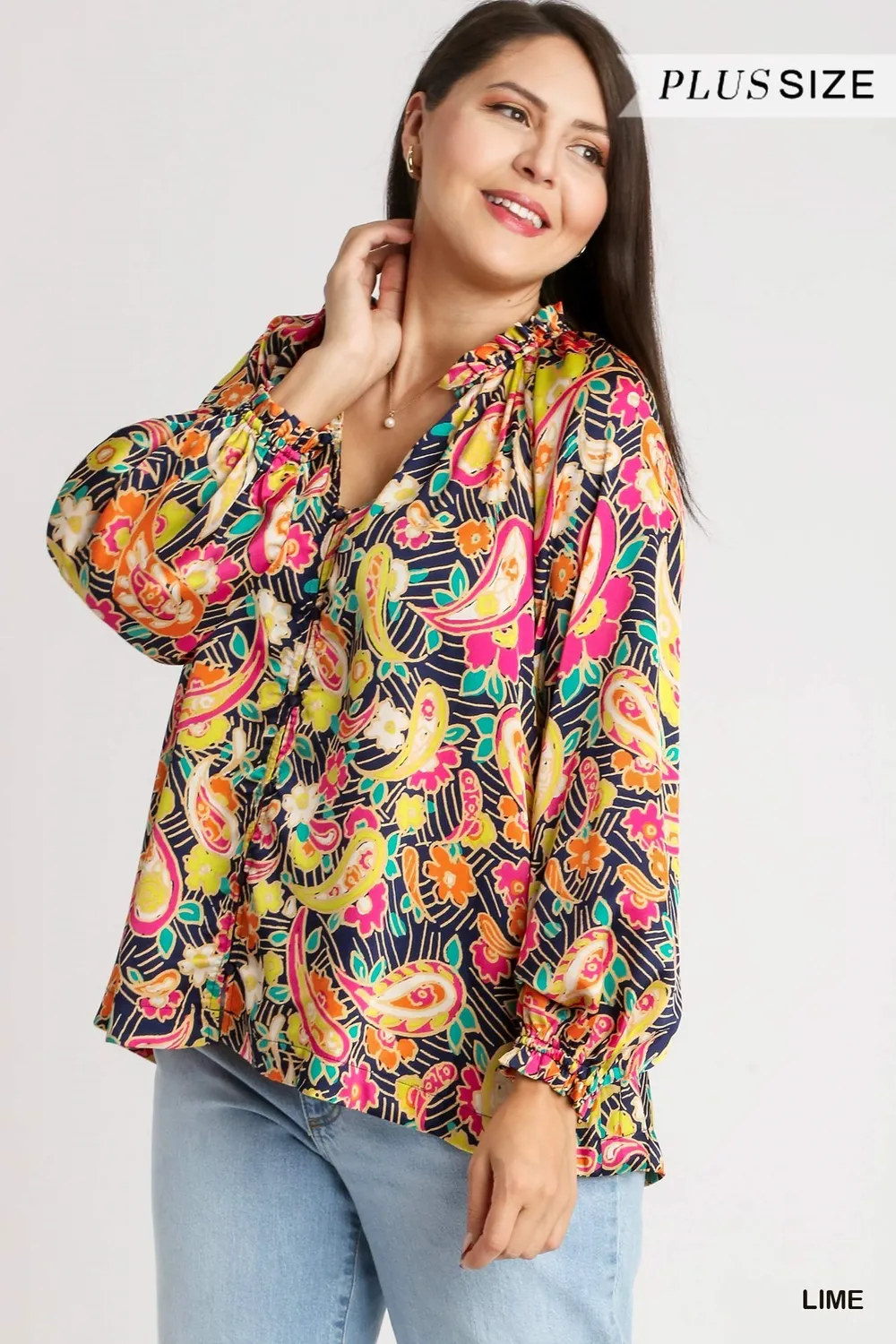 Full Size Satin Paisley Ruffle Neck Button-Up Shirt Plus Size, image 6