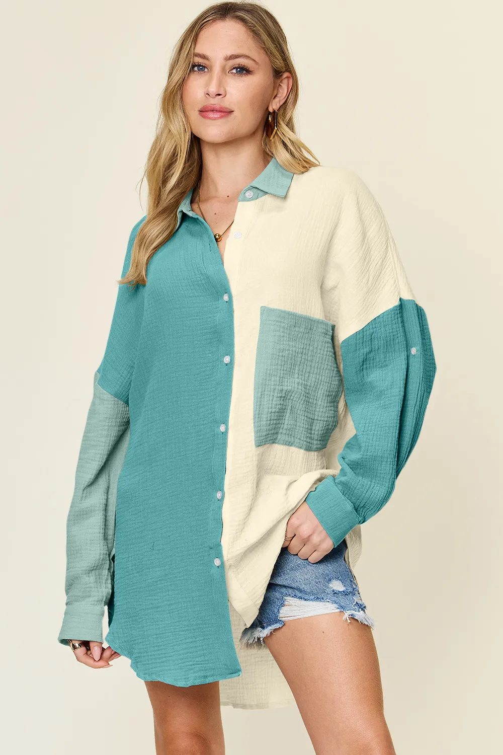 Full Size Pocketed Texture Button Up Shirt, image 7