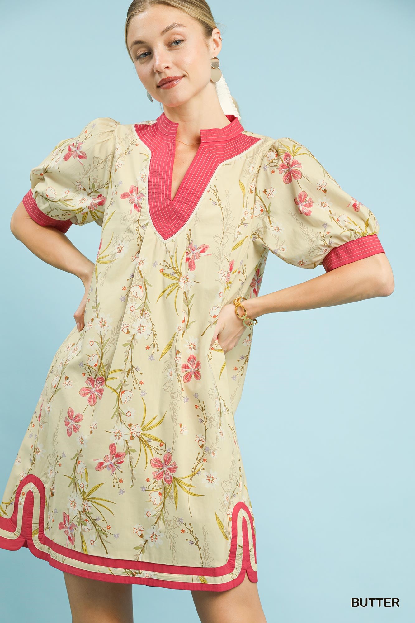 Floral Puff Sleeve Dress with Contrast Trim, image 3